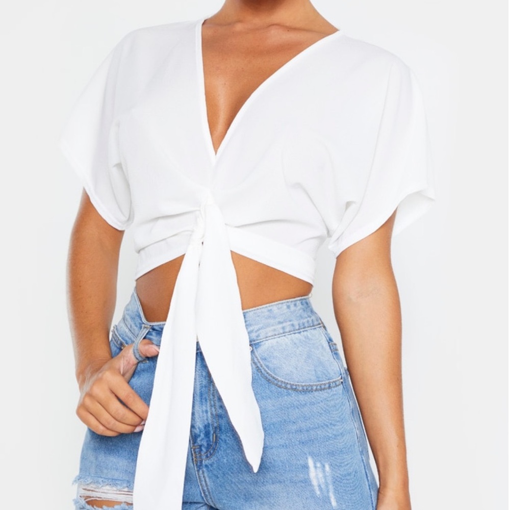 Prettylittlething White Chiffon Knot Front Shirt